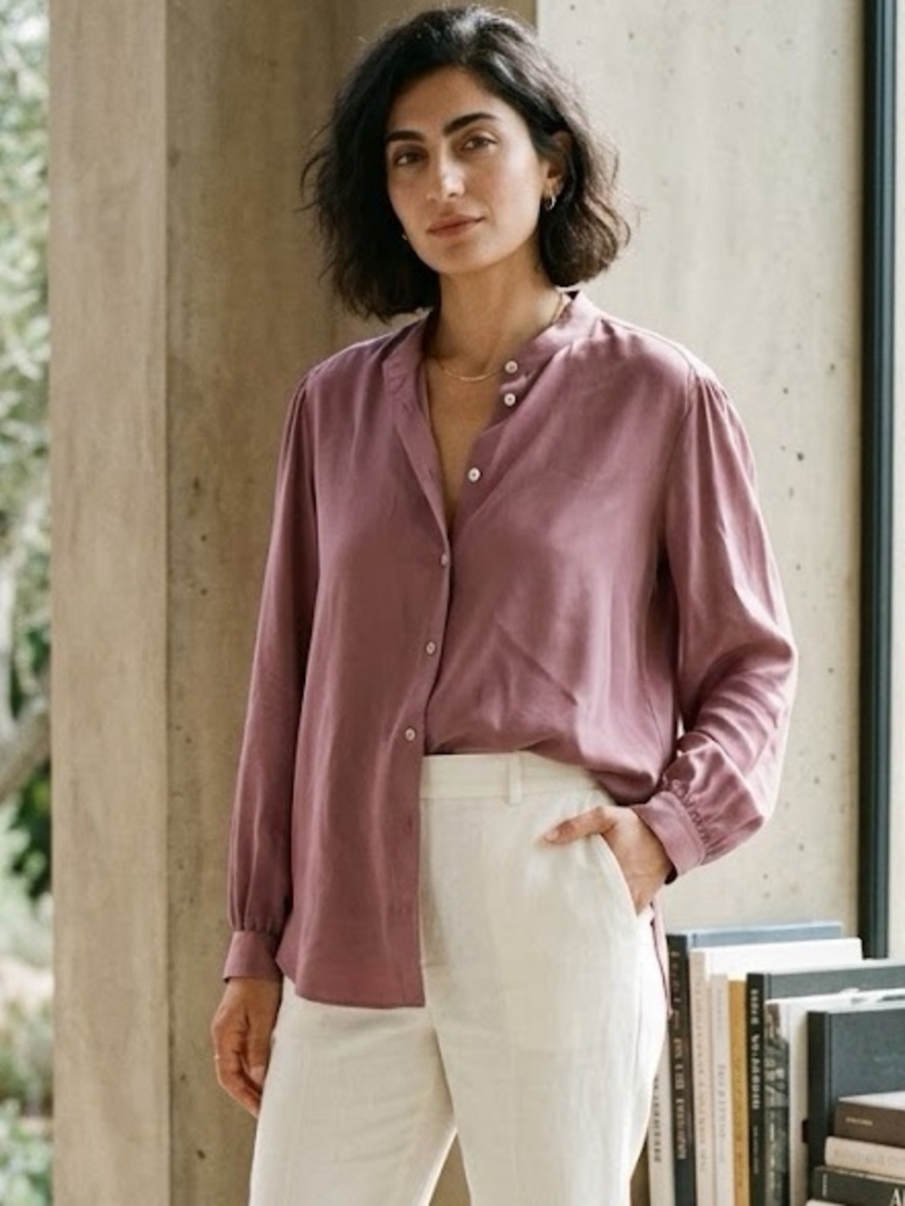 Vince 100% Silk Band Collar Button Down Blouse Dusty Mauve Rose XL Quiet Luxury